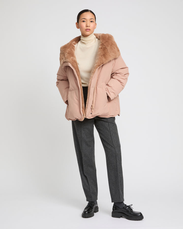 Short down jacket with rex rabbit fur trim