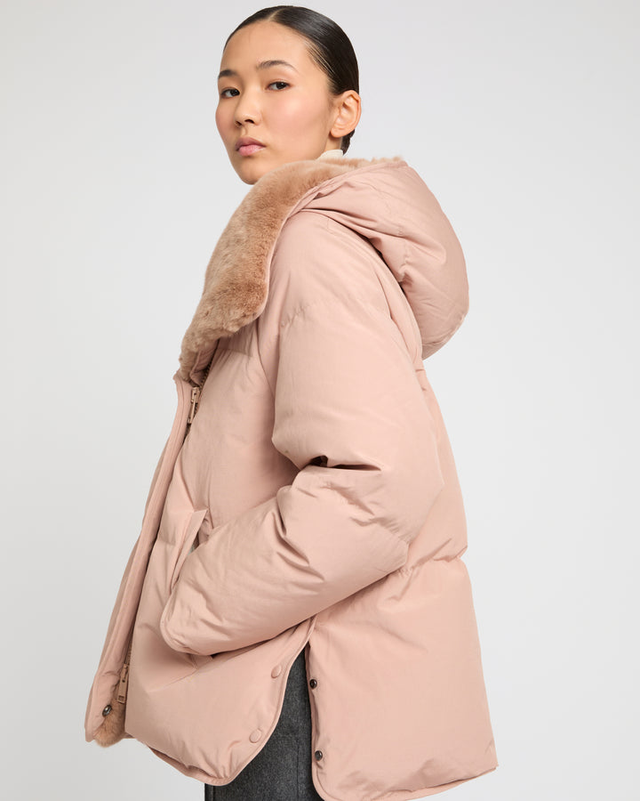 Short down jacket with rex rabbit fur trim