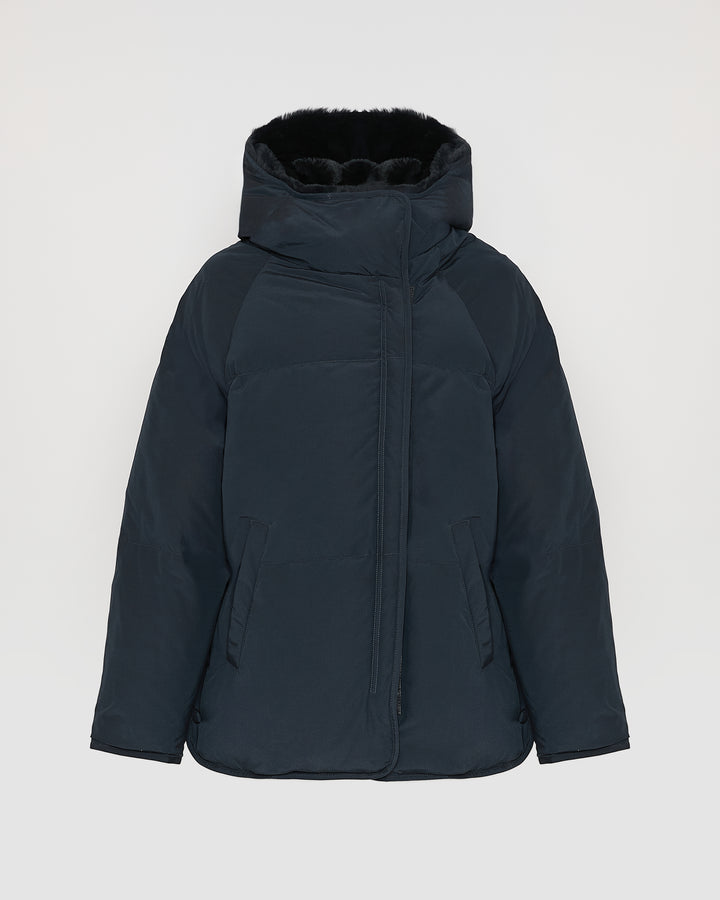 Short down jacket with rex rabbit fur trim