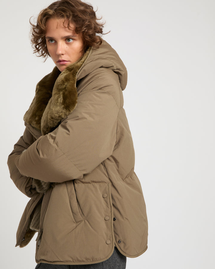 Short down jacket with rex rabbit fur trim