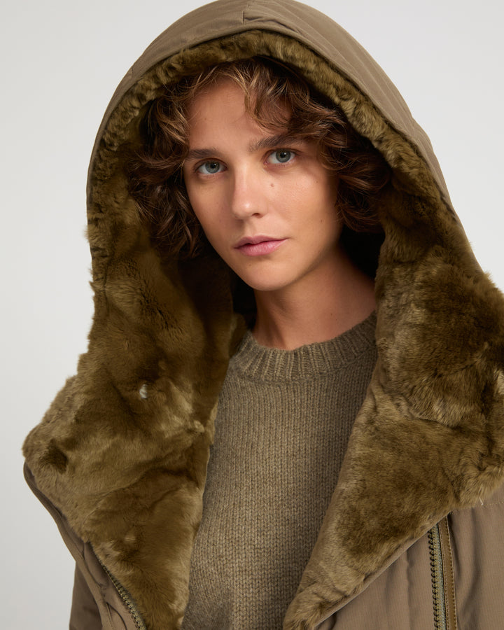 Short down jacket with rex rabbit fur trim
