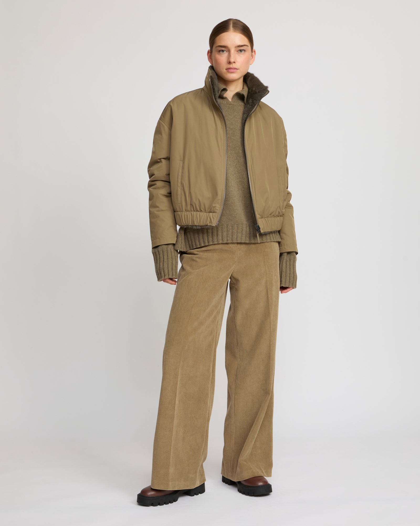 Jacket in mink reversible technical fabric with stand collar