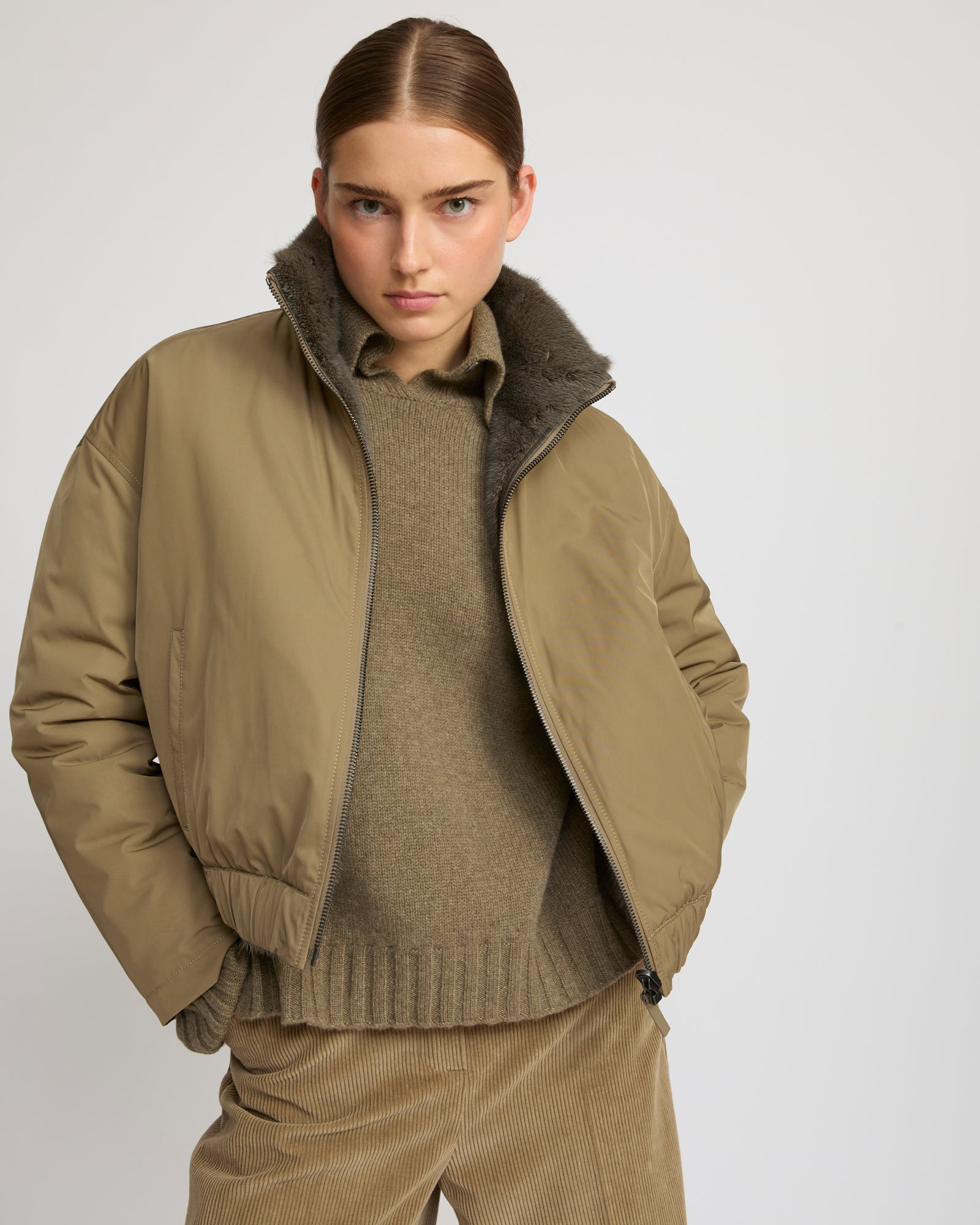 Jacket in mink reversible technical fabric with stand collar