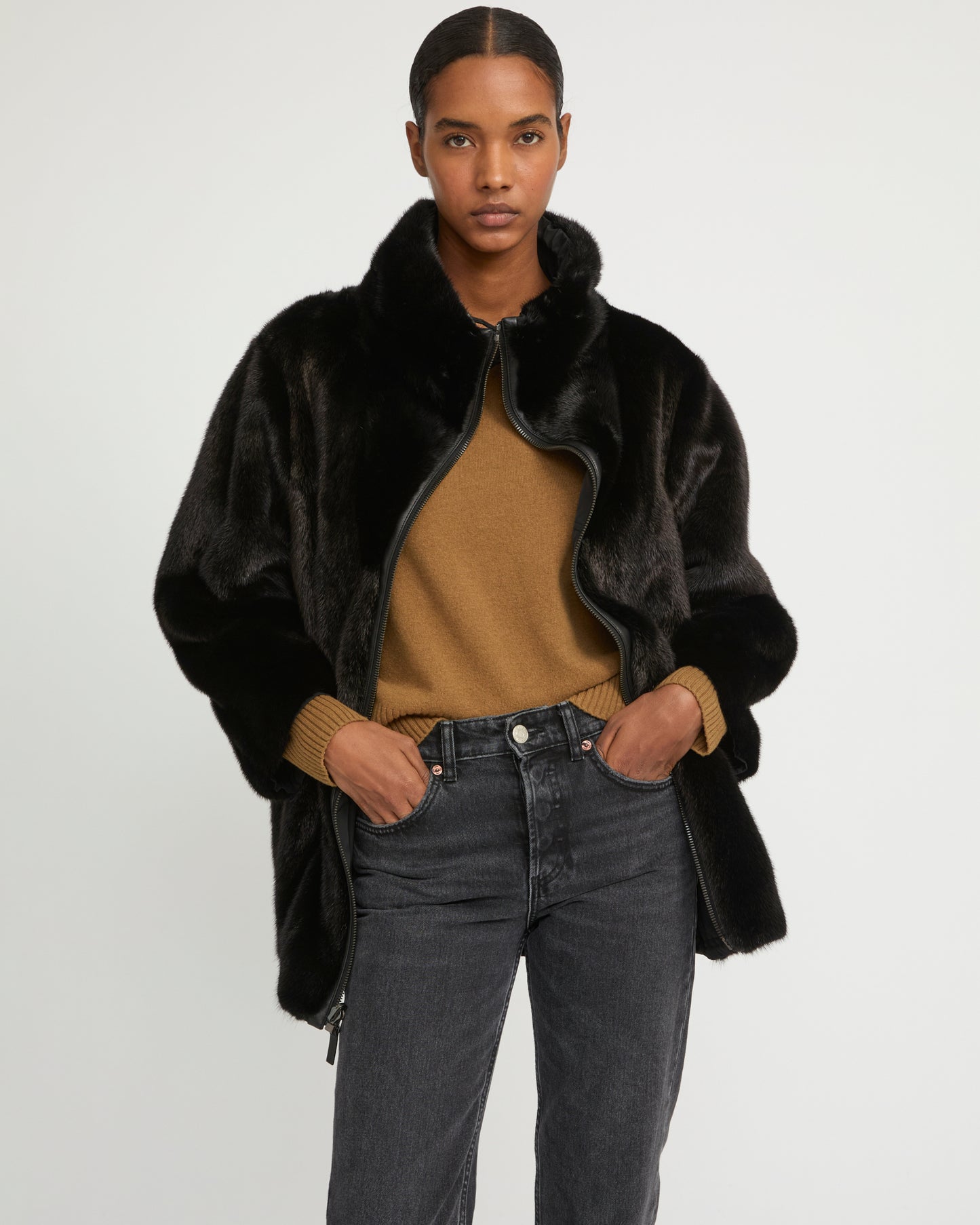 Jacket in mink reversible technical fabric with stand collar - Yves Salomon