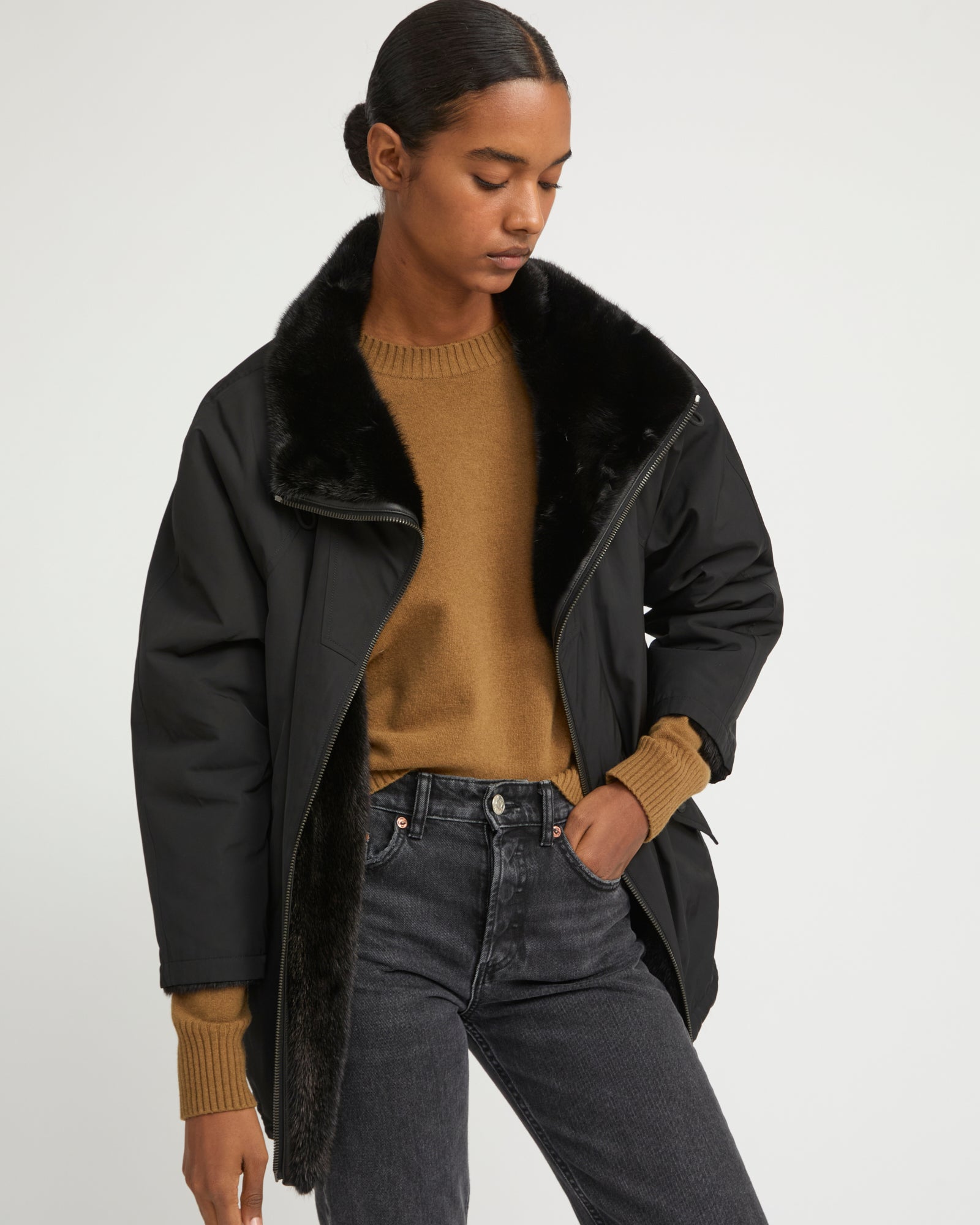 Jacket in mink reversible technical fabric with stand collar - Yves Salomon
