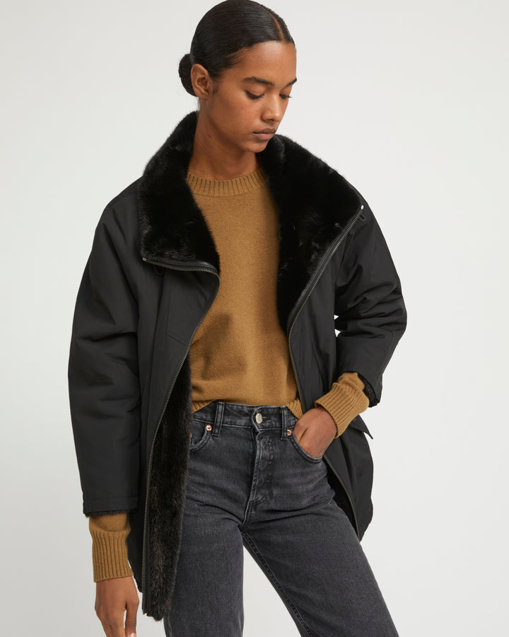 Jacket in mink reversible technical fabric with stand collar - Yves Salomon