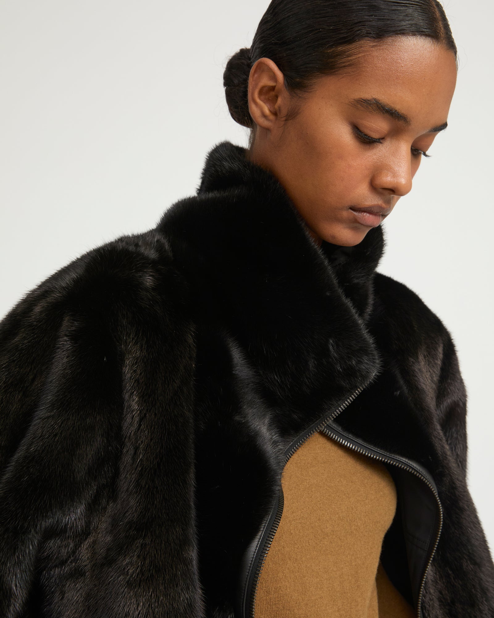 Jacket in mink reversible technical fabric with stand collar - Yves Salomon
