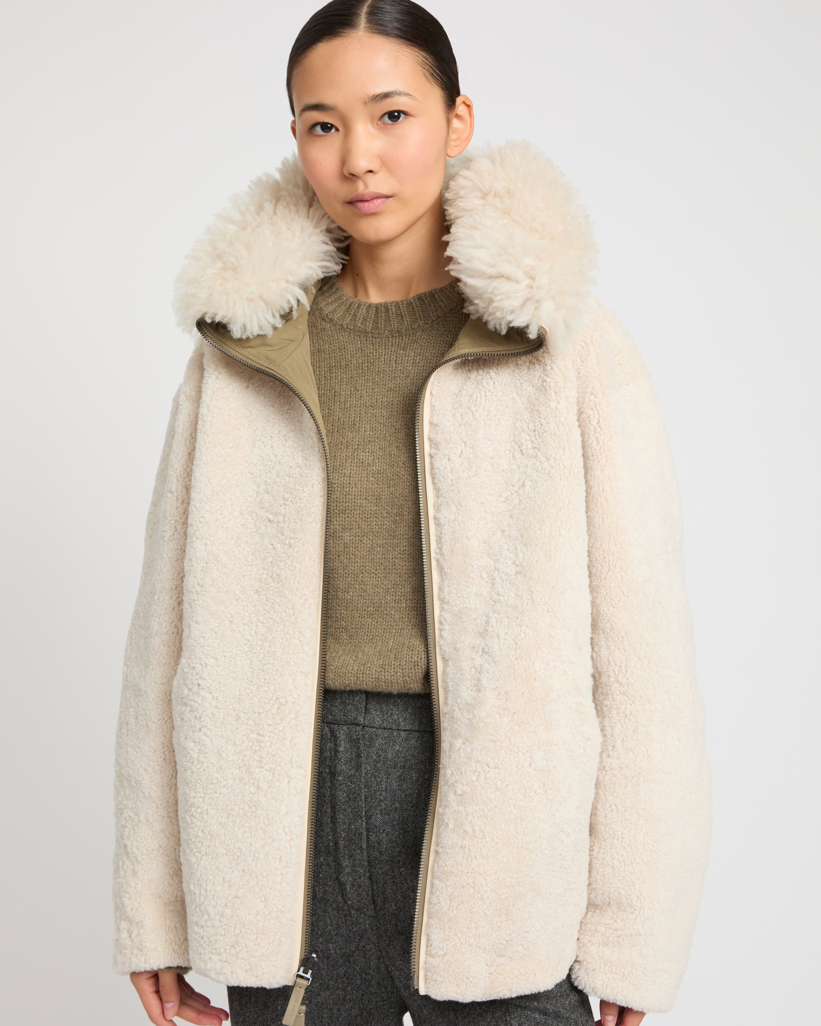 Revrsible hooded jacket in lambskin shearling - grey - Winter sale