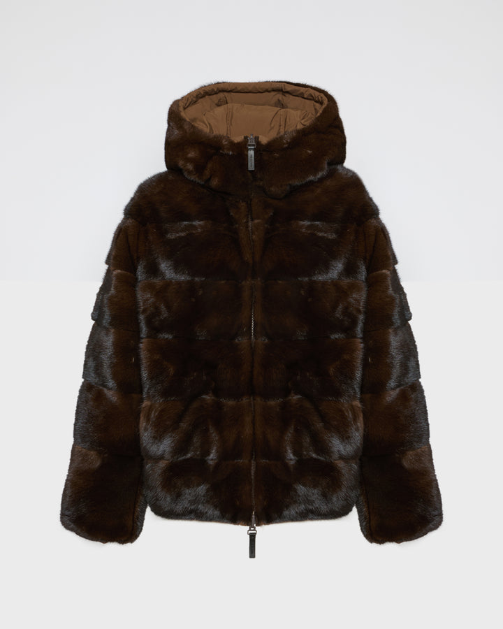 Reversible down jacket in mink fur/fabric