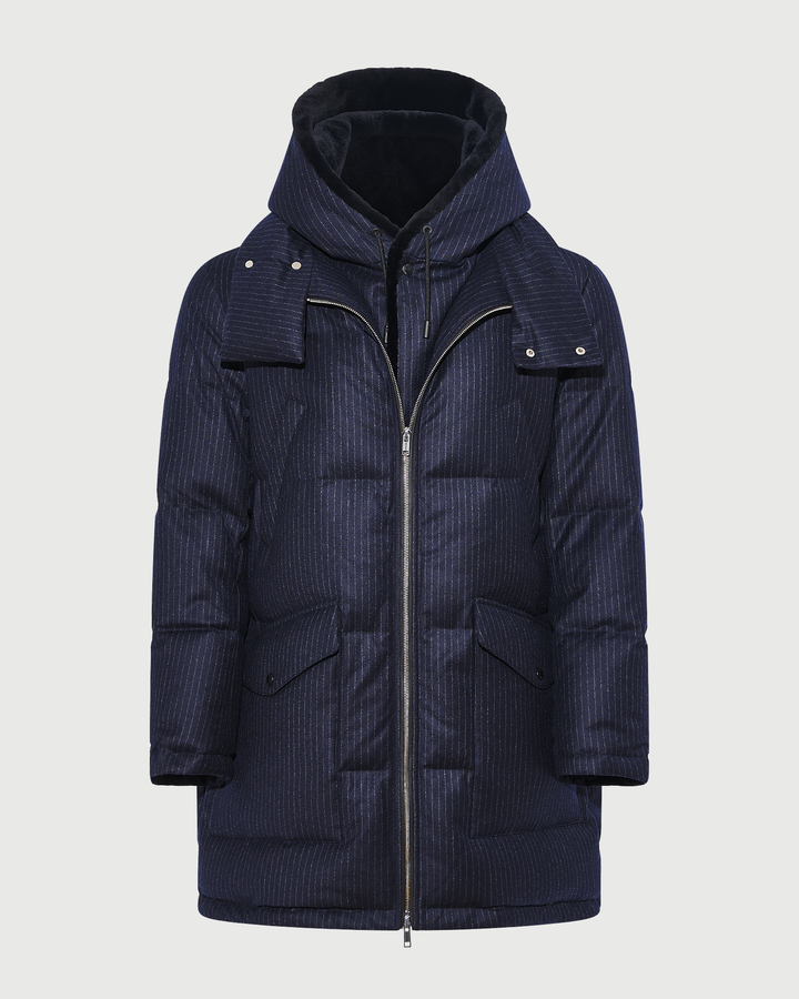 Long down jacket in waterproof jacquard fabric with mink fur bib panel