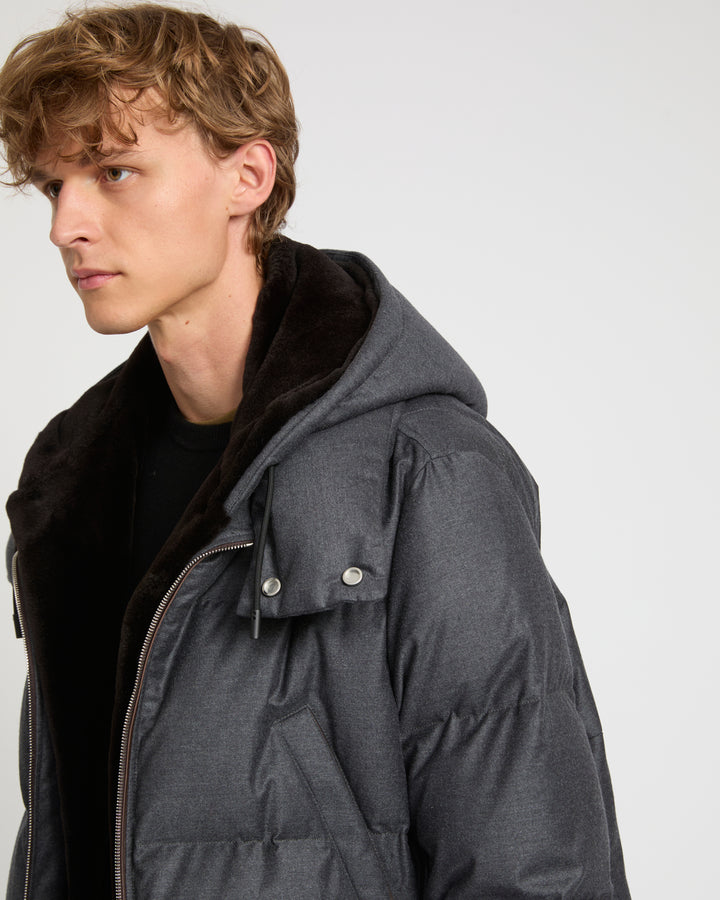Loro Piana fabric down jacket with mink bib