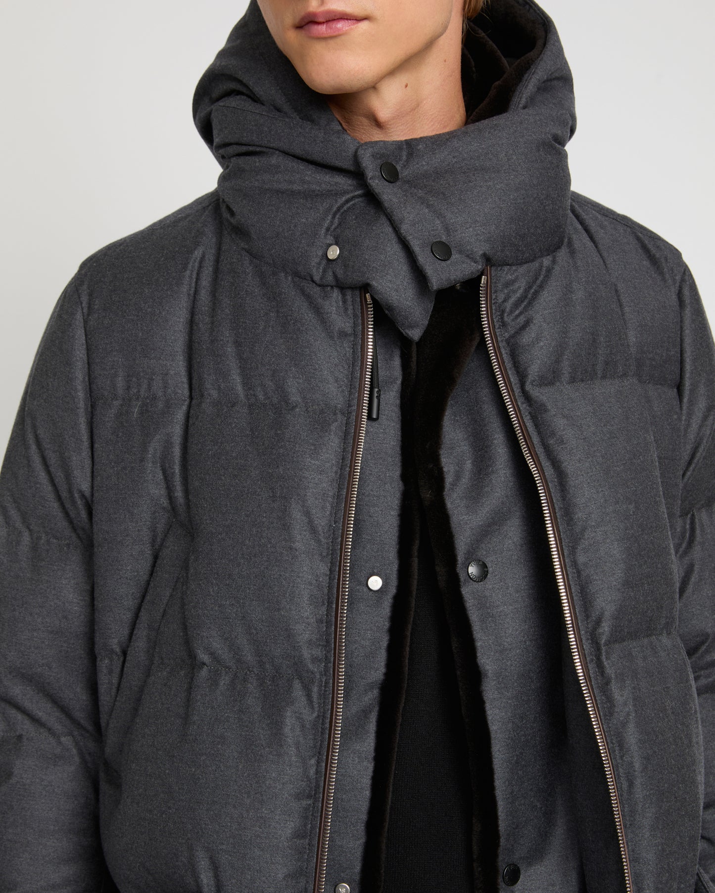 Loro Piana fabric down jacket with mink bib
