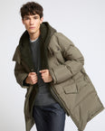 Down jacket with lambskin shearling bib