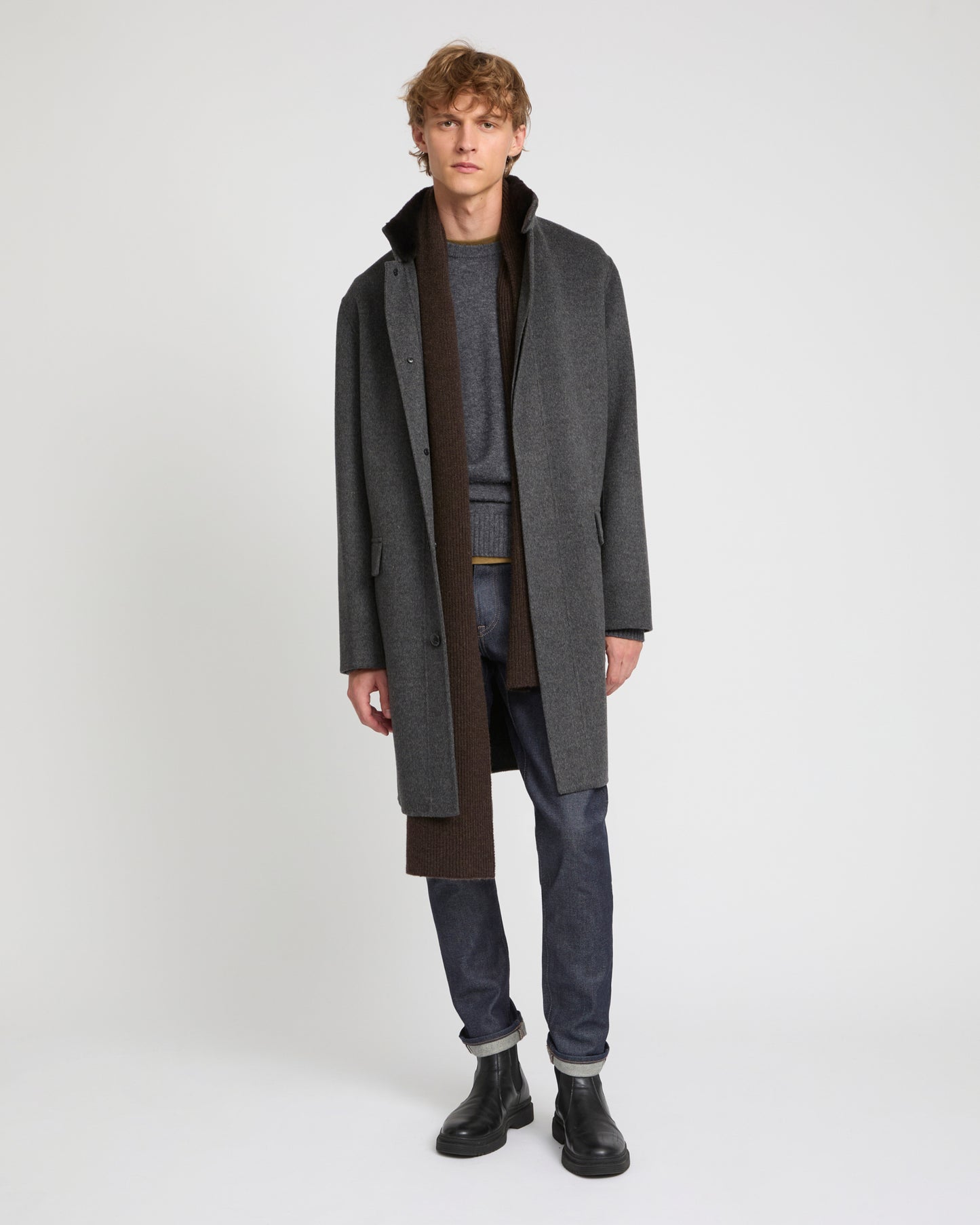 Double-sided wool-cashmere fabric coat with mink collar