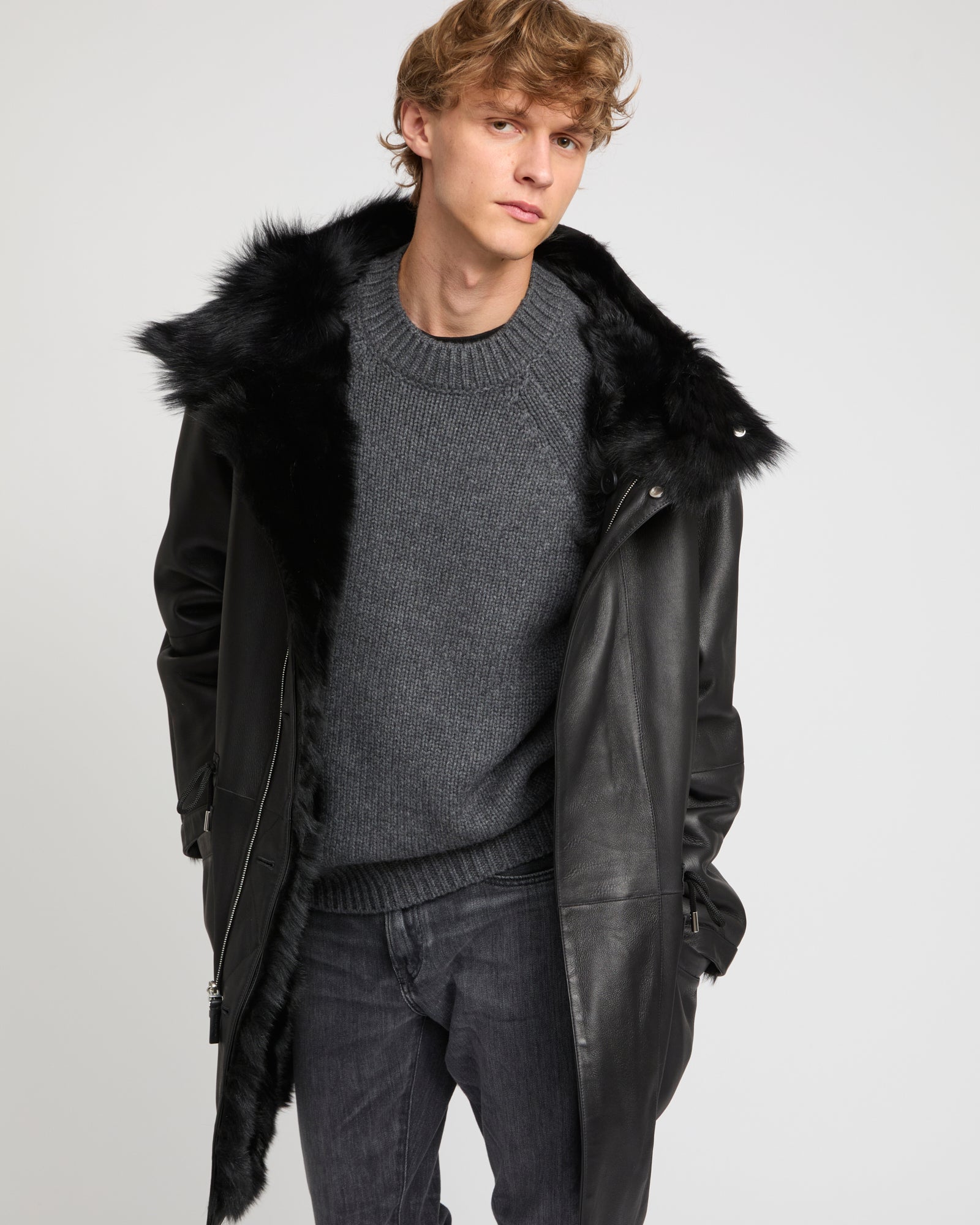 Toscana lambskin shearling parka style coat - black - Yves Salomon