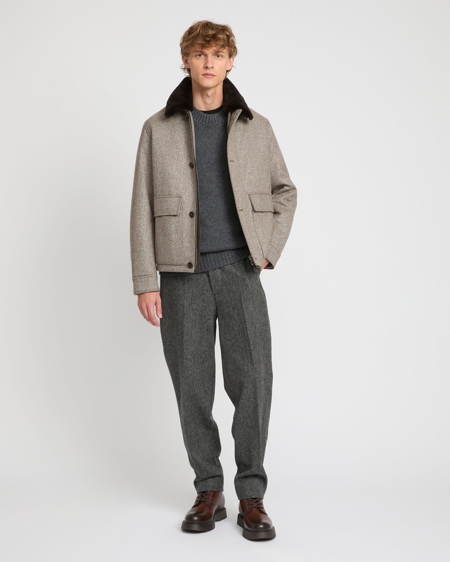 Chevron woollen fabric jacket with mink collar