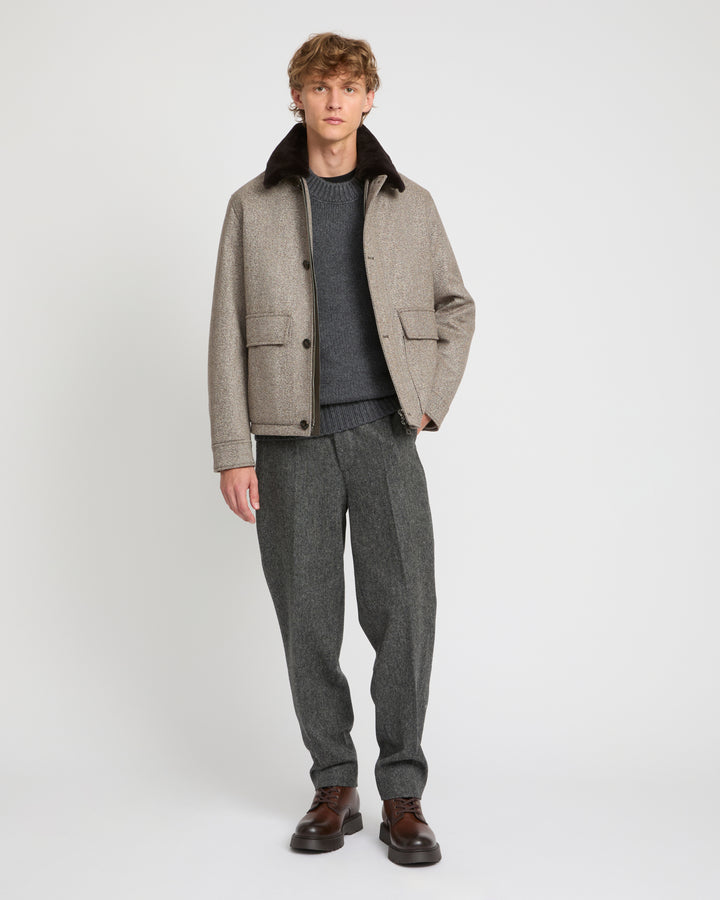 Chevron woollen fabric jacket with mink collar