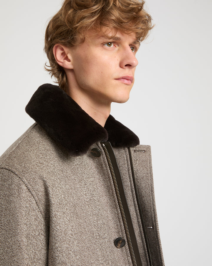 Chevron woollen fabric jacket with mink collar