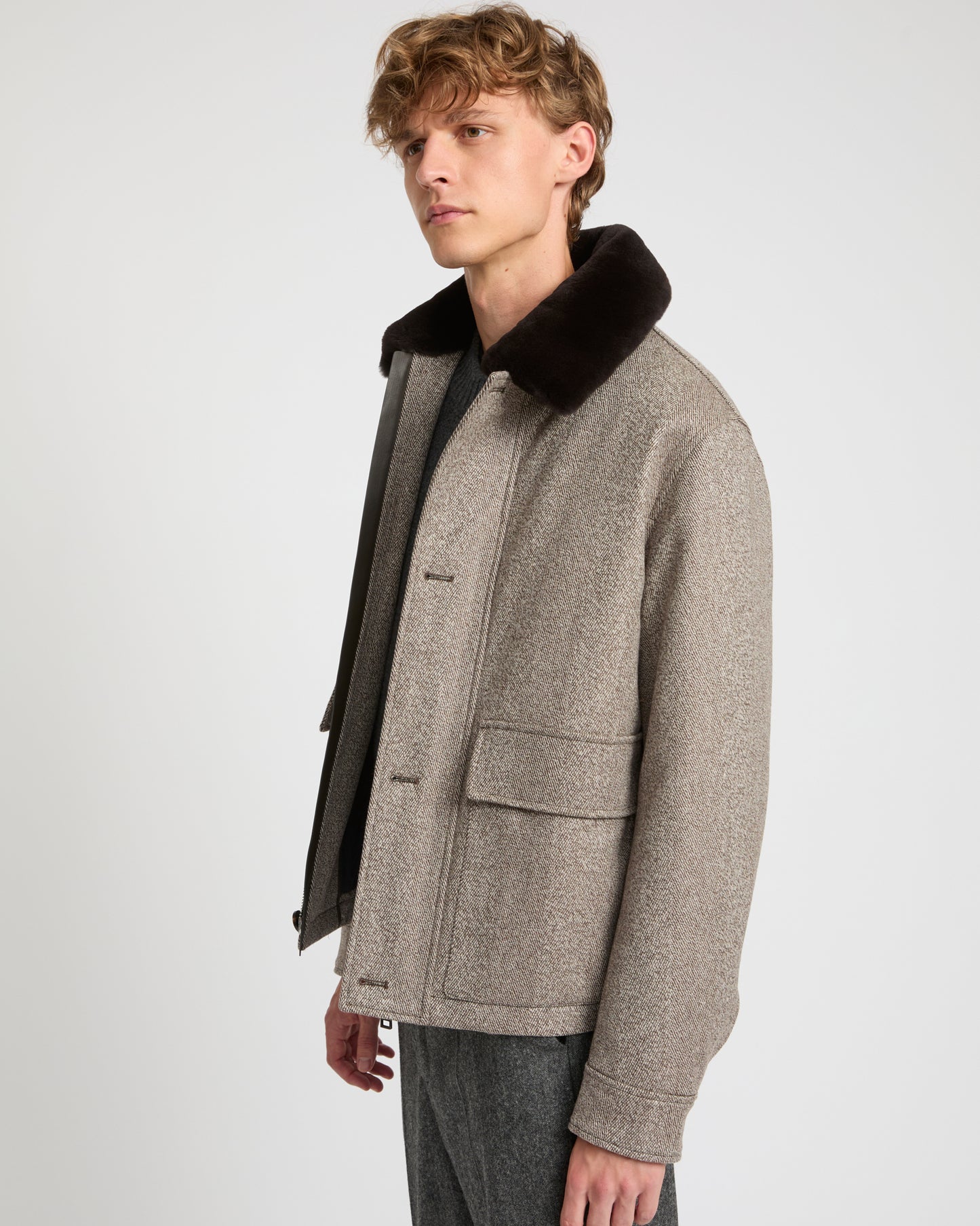 Chevron woollen fabric jacket with mink collar