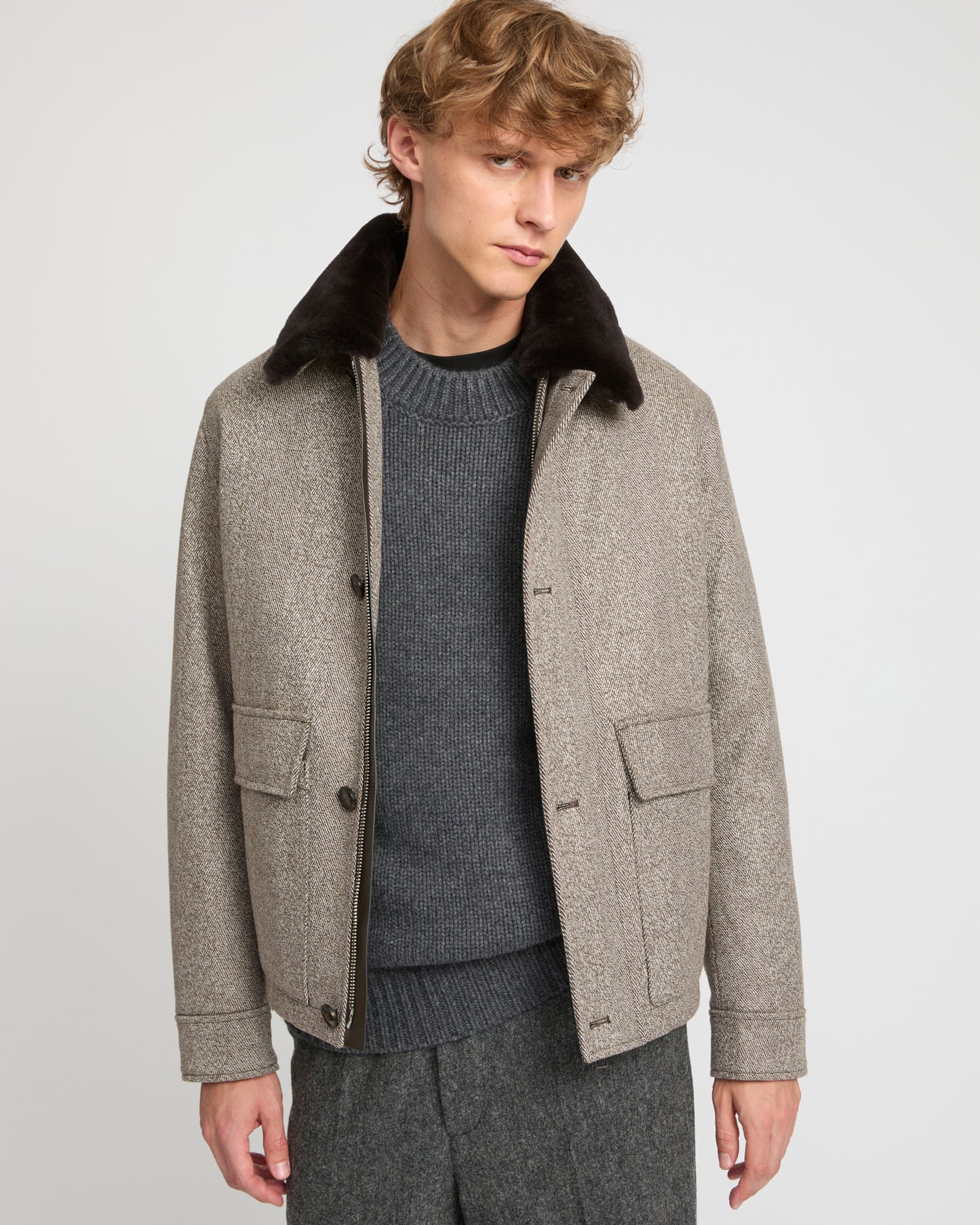 Chevron woollen fabric jacket with mink collar