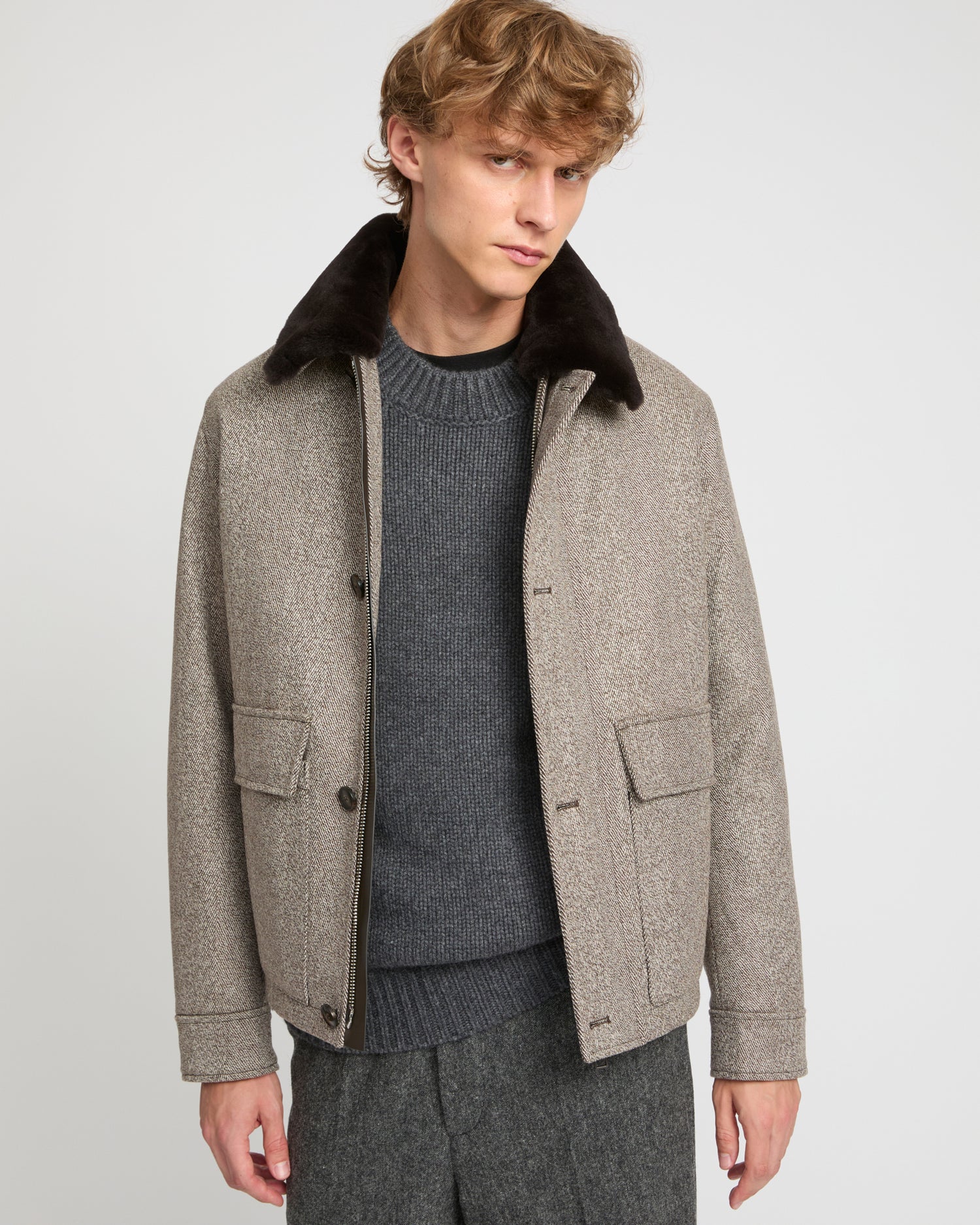 Chevron woollen fabric jacket with mink collar -Yves Salomon