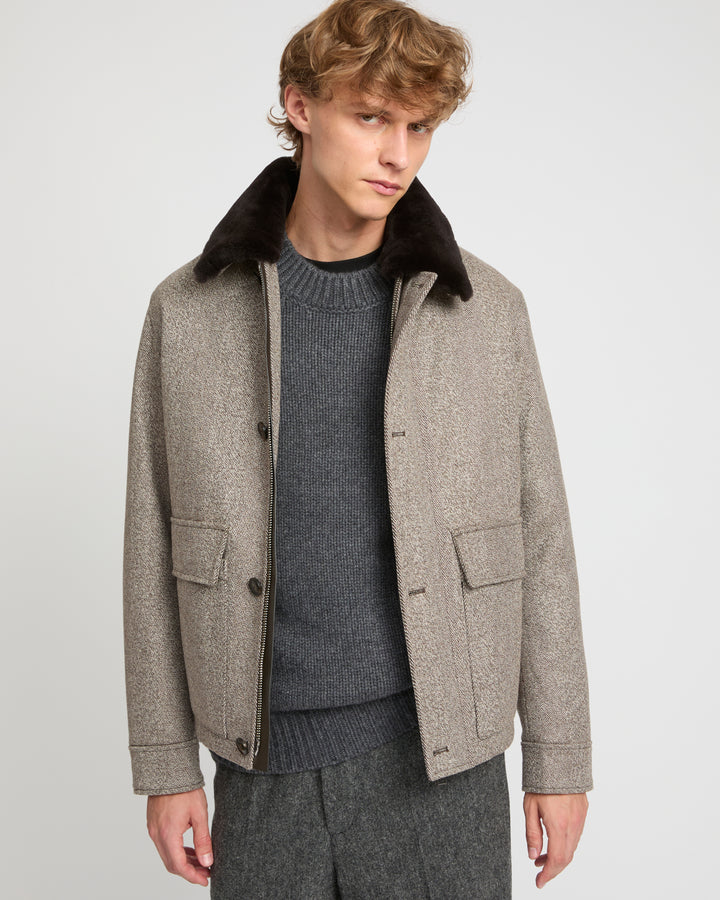 Chevron woollen fabric jacket with mink collar