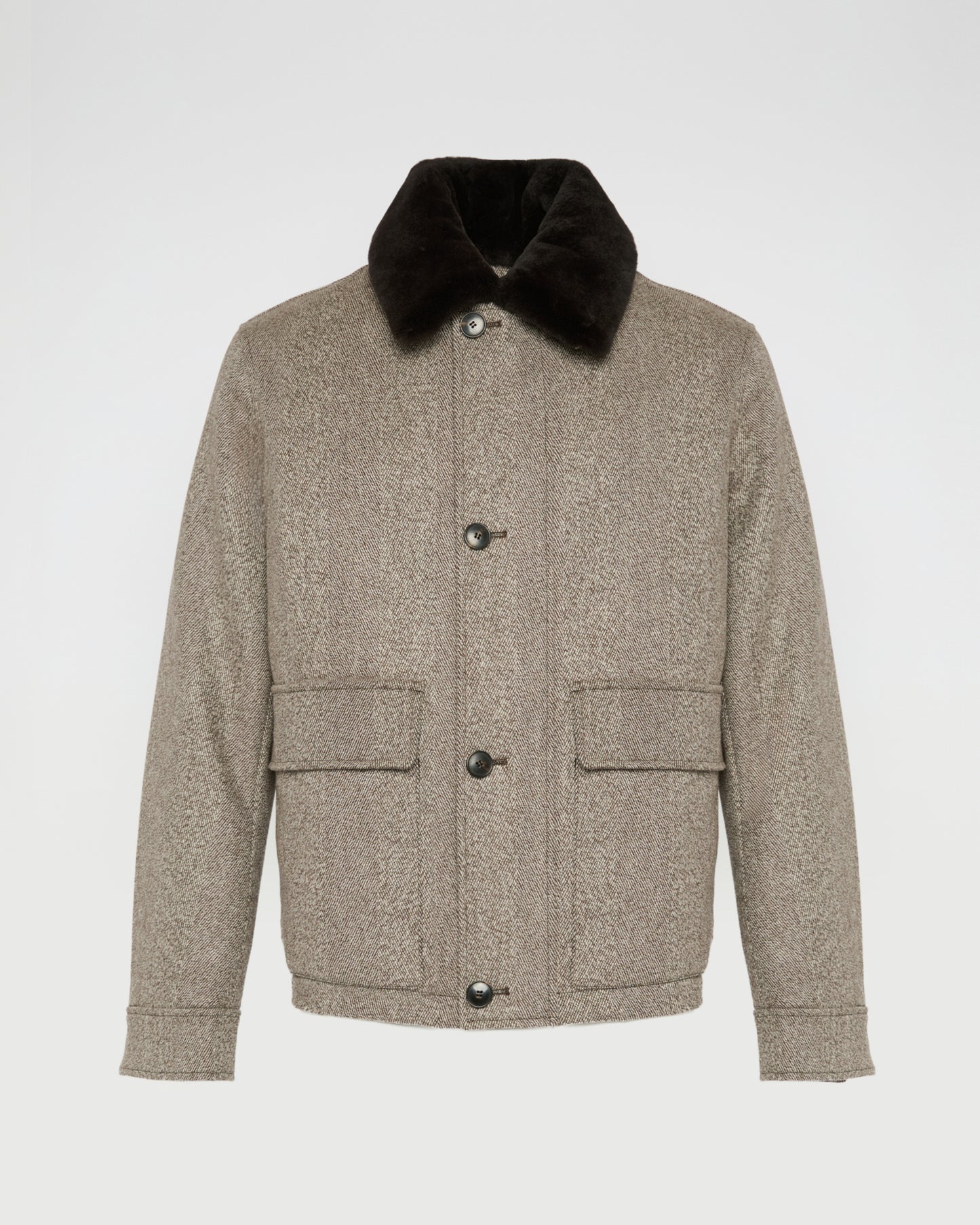 Chevron woollen fabric jacket with mink collar