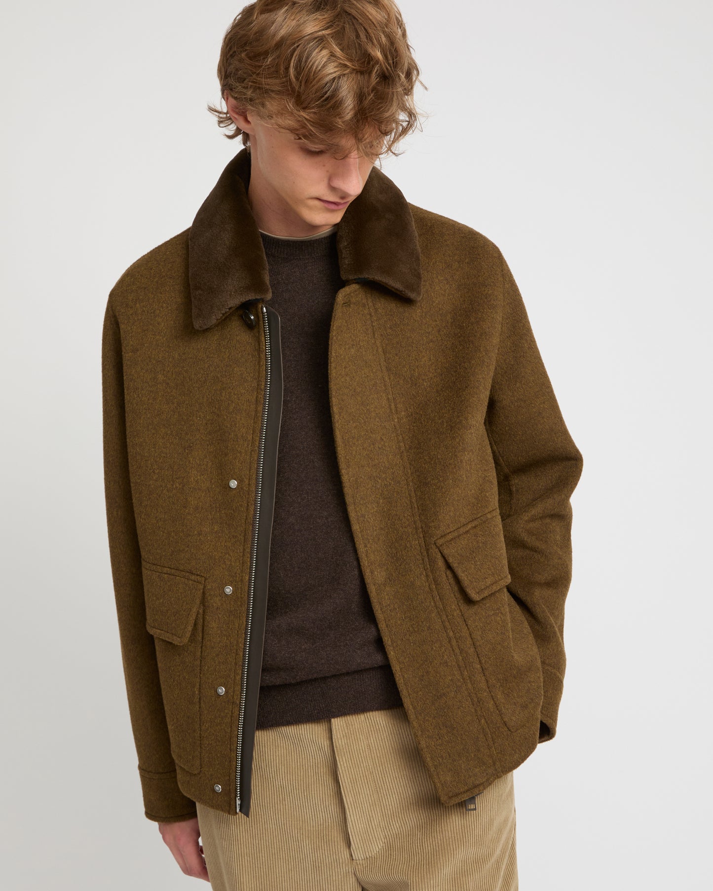 Jacket in double-sided wool-cashmere fabric with mink collar