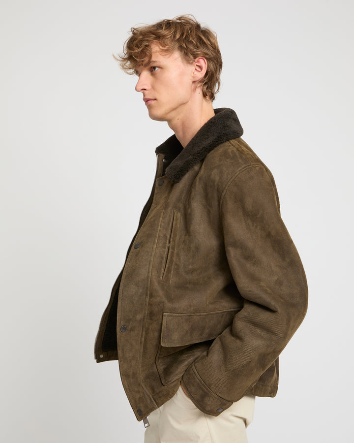 Ribbed leather and lambskin shearling jacket