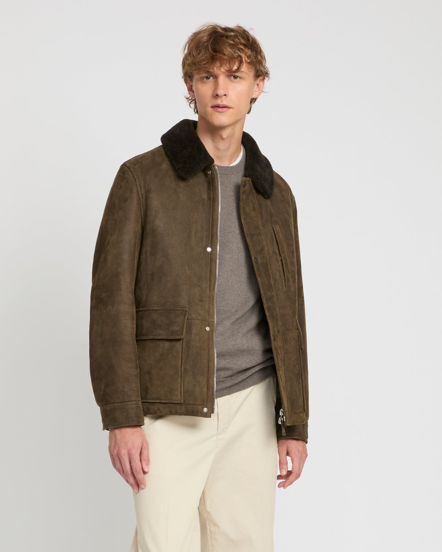 Ribbed leather and lambskin shearling jacket