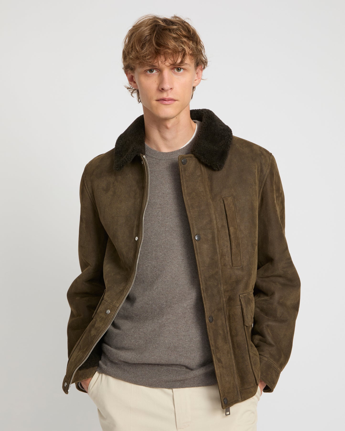 Ribbed leather and lambskin shearling jacket