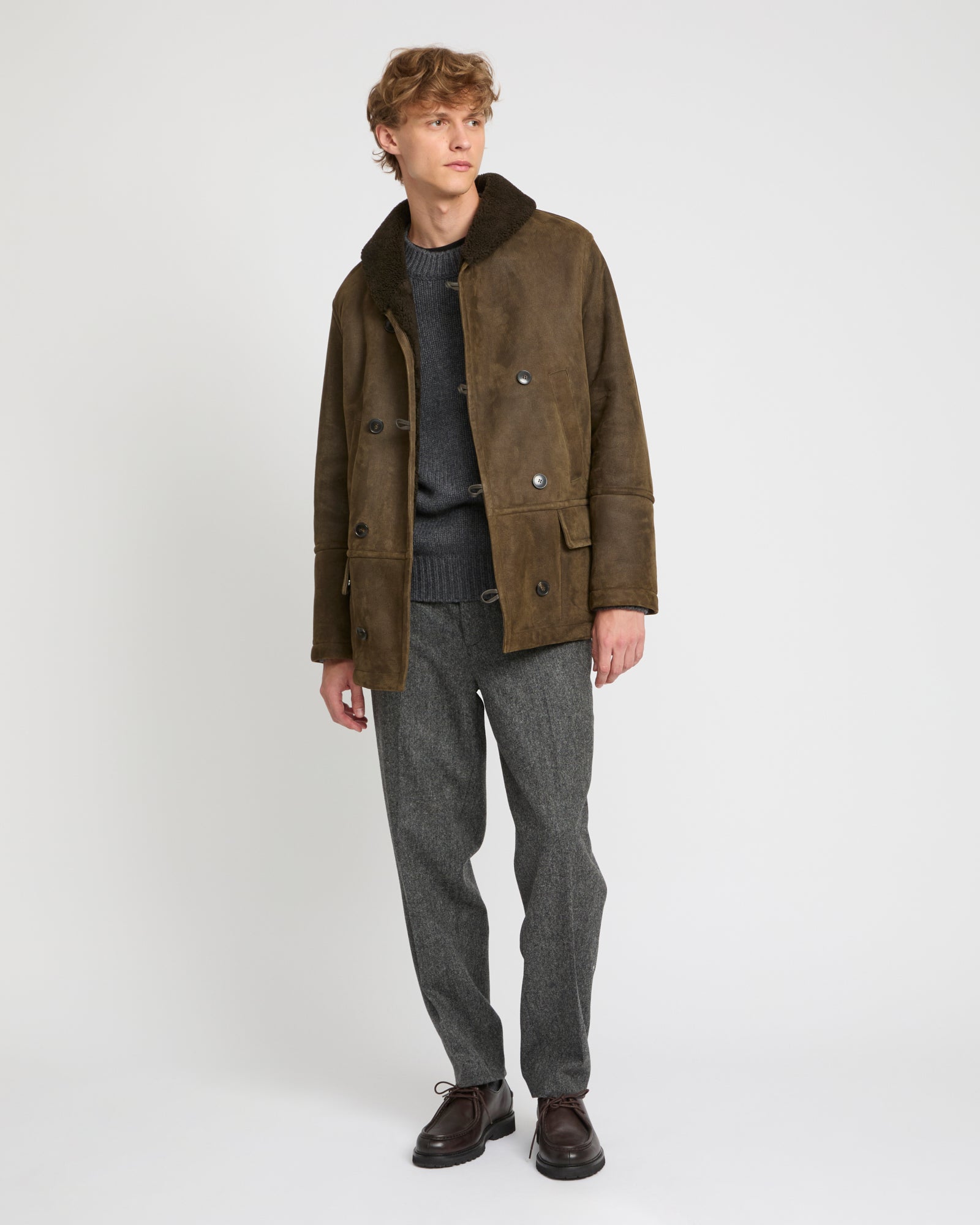 Ribbed leather and lambskin shearling fur-lined jacket - khaki