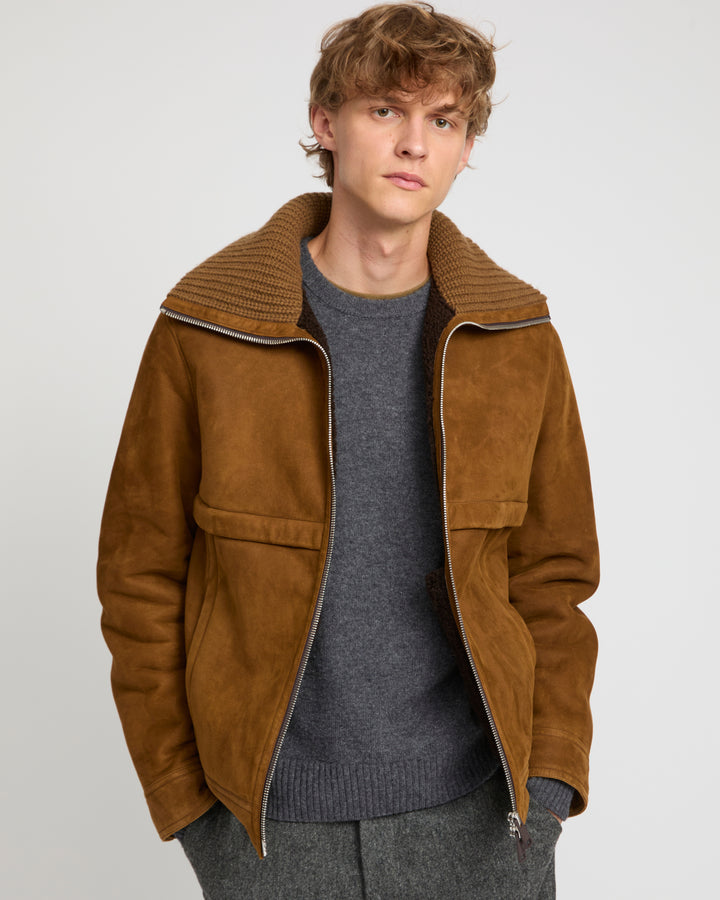 Knit collar lambskin shearling jacket