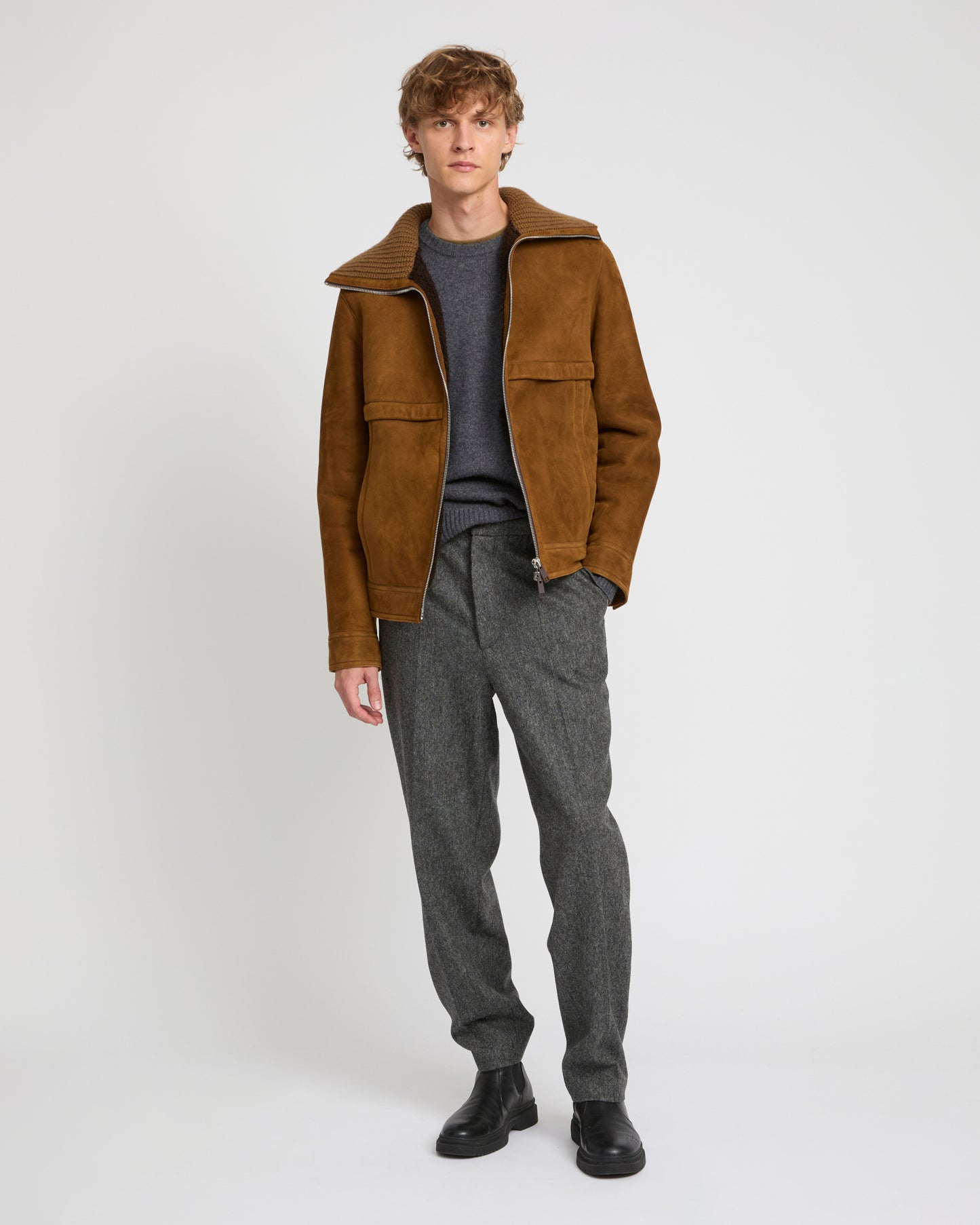 Knit collar lambskin shearling jacket