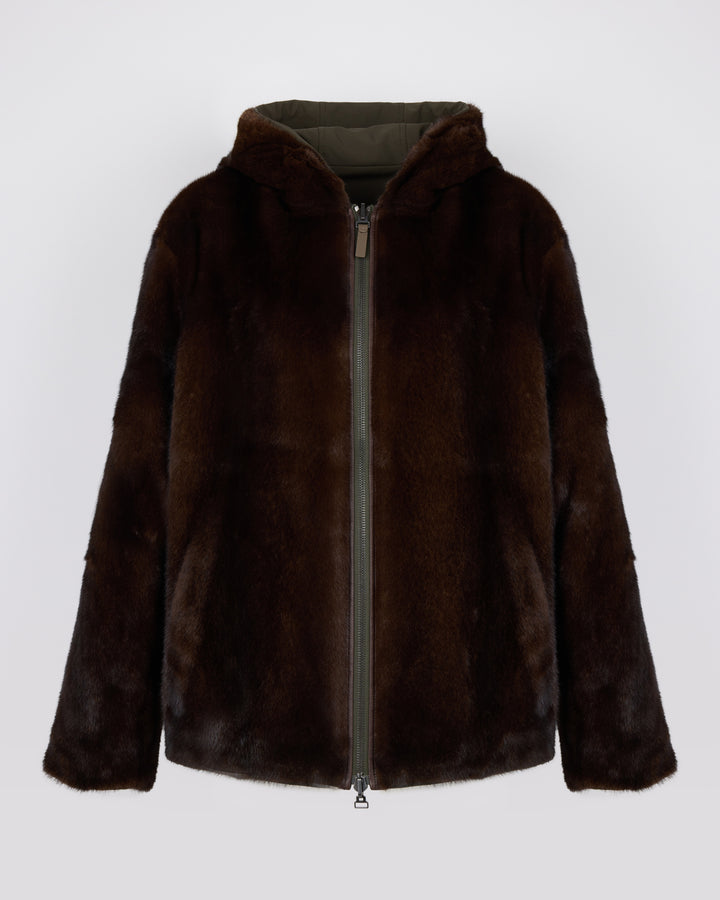 Reversible long-haired mink fur and technical fabric hooded jacket