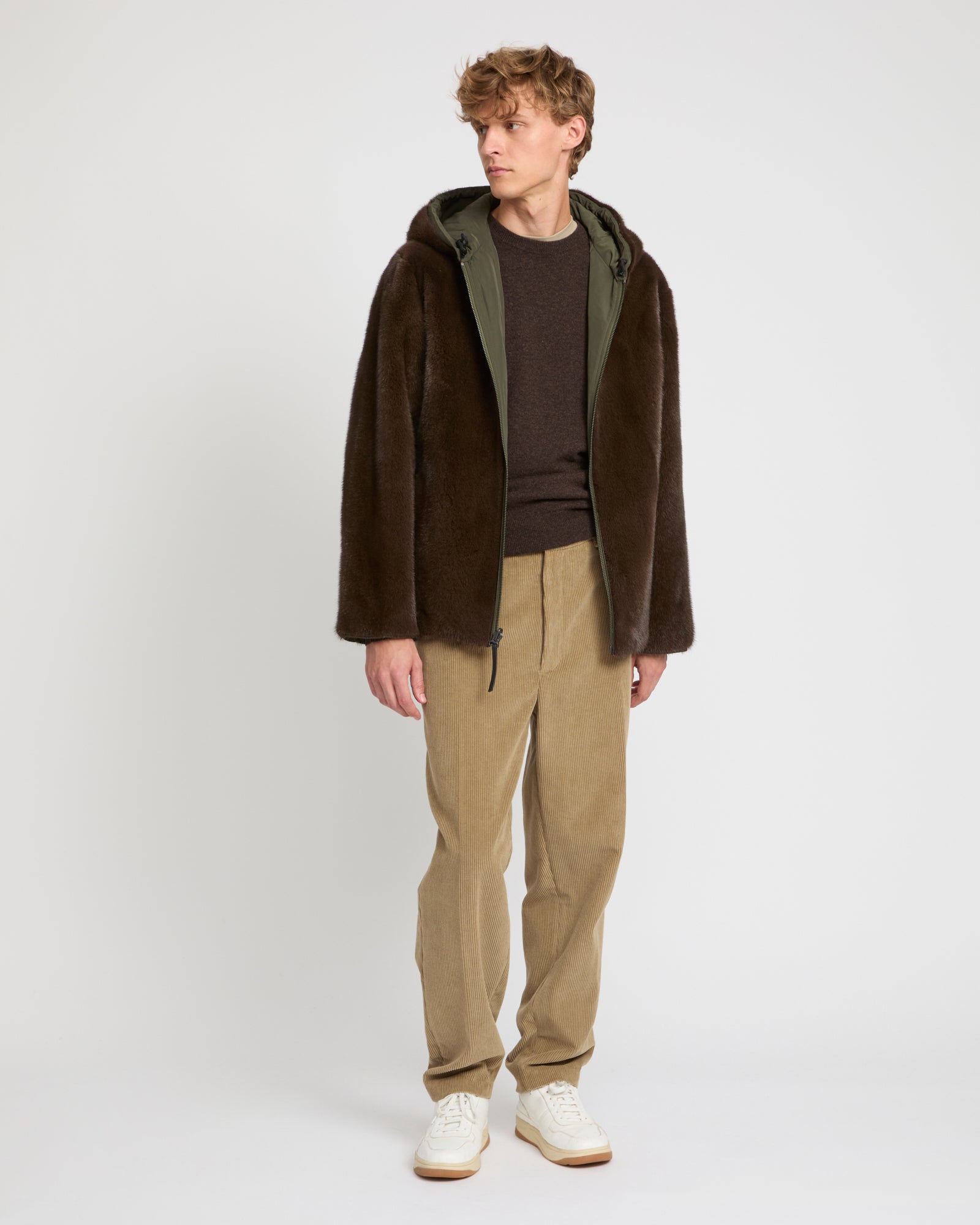 Reversible Hooded Jacket in Mink Fur and Technical Fabric - khaki
