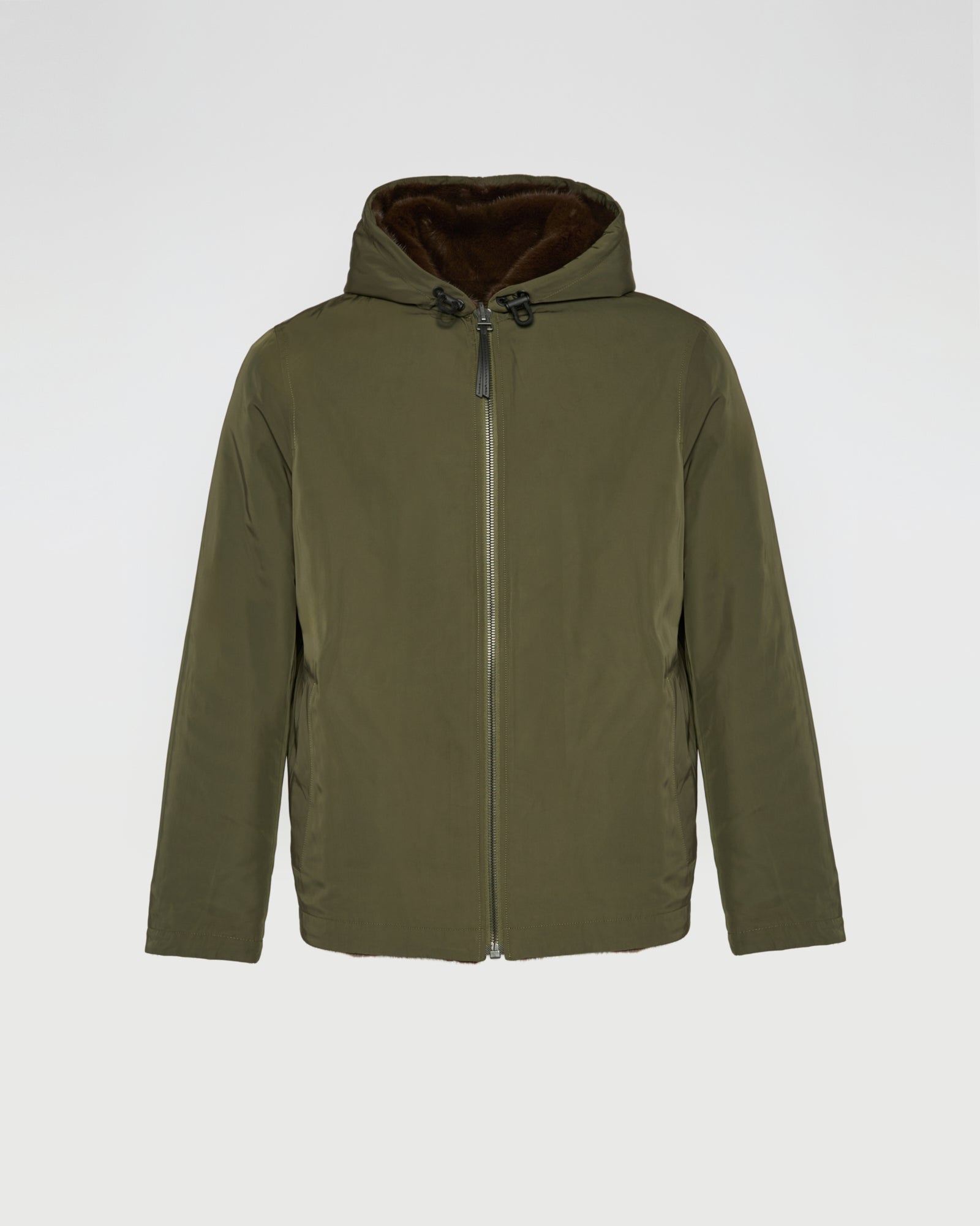 Reversible Hooded Jacket in Mink Fur and Technical Fabric - khaki