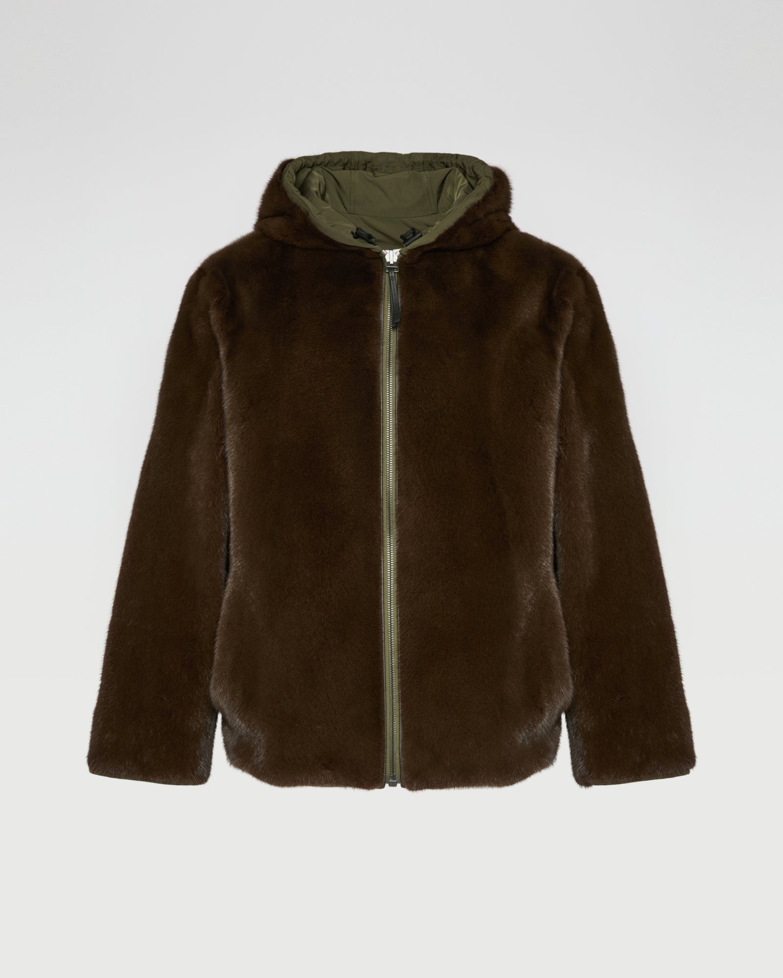 Reversible Hooded Jacket in Mink Fur and Technical Fabric - khaki