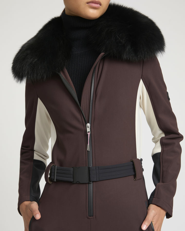 Softshell fabric jumpsuit with detachable fox fur collar -Yves Salomon