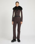 Softshell fabric jumpsuit with detachable fox fur collar