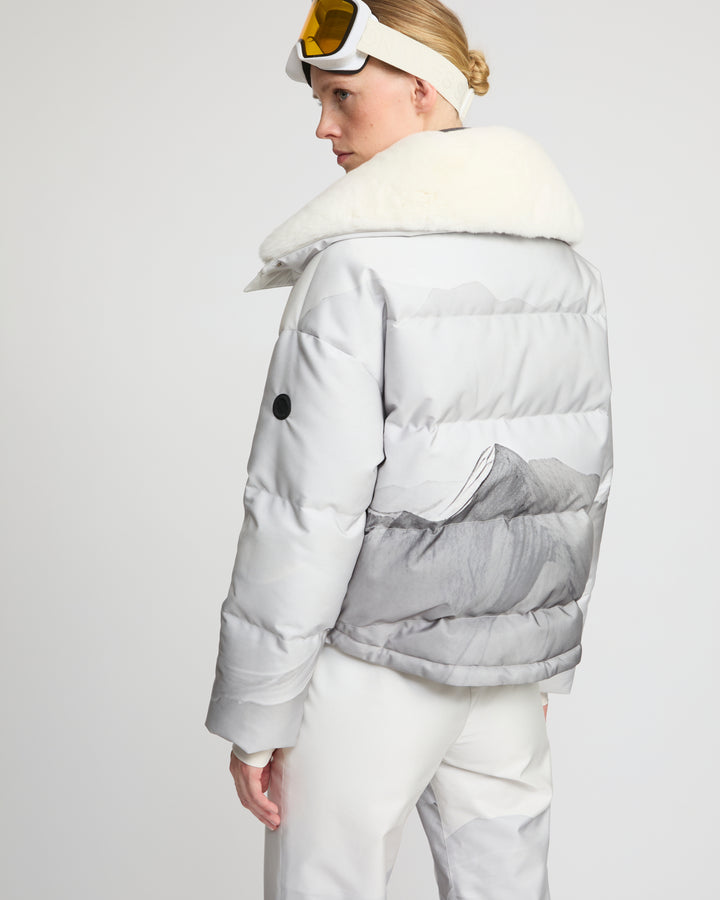 Short down jacket in waterproof fabric and Rex rabbit fur trim