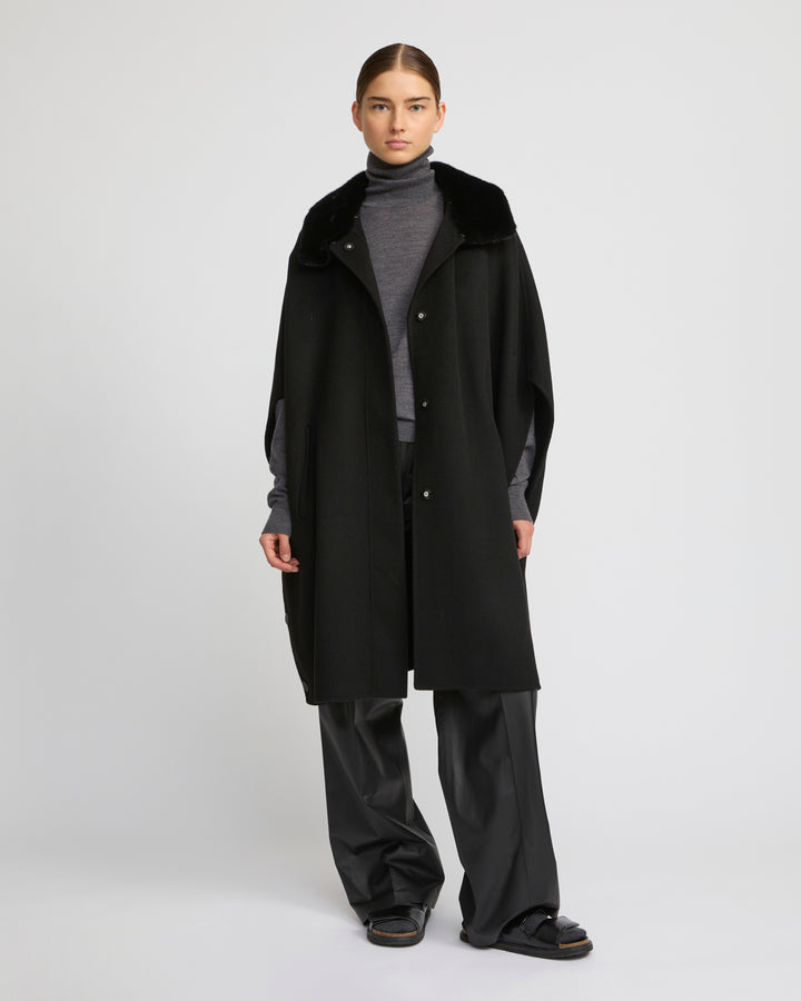 Cashmere-blend cape with removable mink fur collar