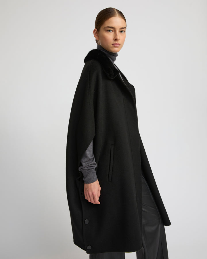Cashmere-blend cape with removable mink fur collar