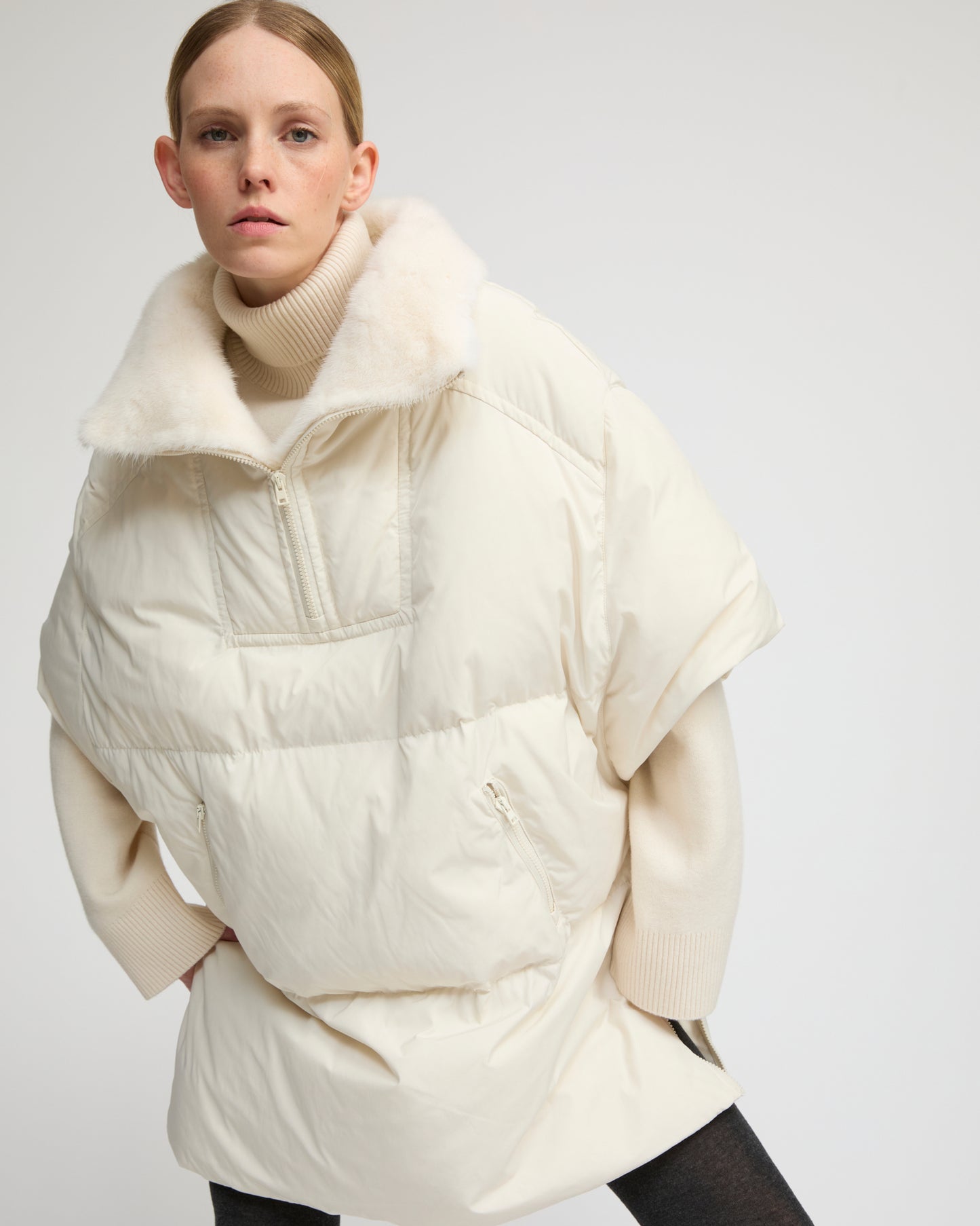 Technical fabric down cape with mink fur stand collar and lining. - Yves Salomon