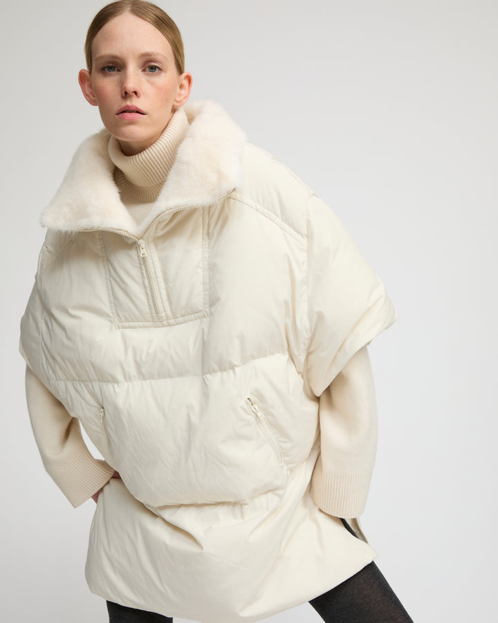 Technical fabric down cape with mink fur stand collar and lining. - Yves Salomon