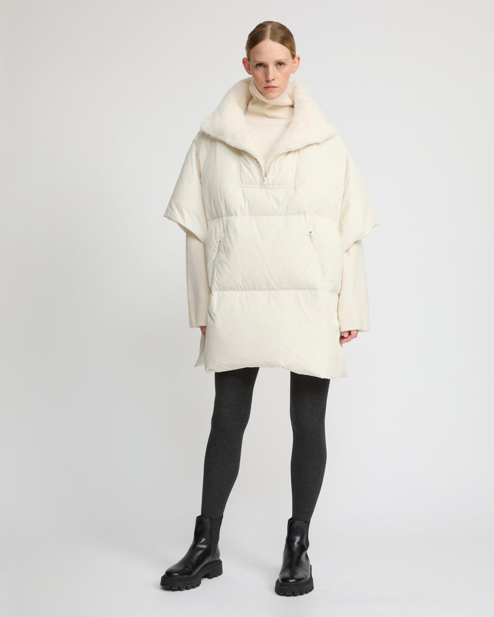 Technical fabric down cape with mink fur stand collar and lining. - Yves Salomon