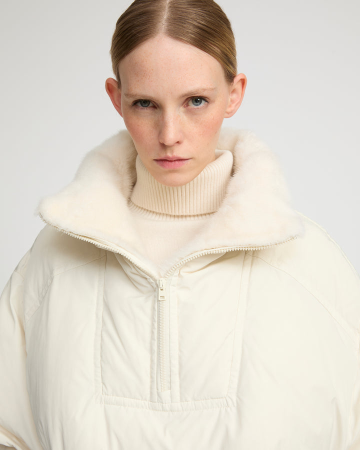 Technical fabric down cape with mink fur stand collar and lining. - Yves Salomon