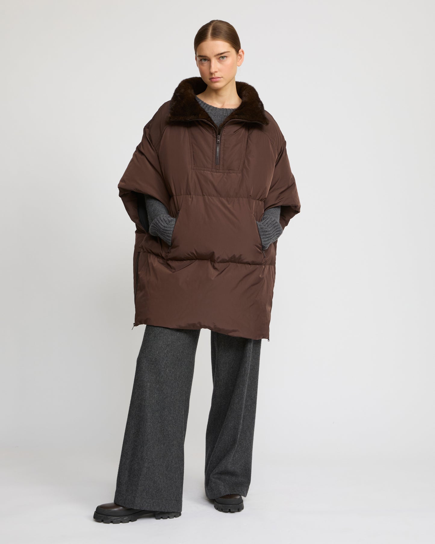 Technical fabric down cape with mink fur stand collar and lining. - Yves Salomon