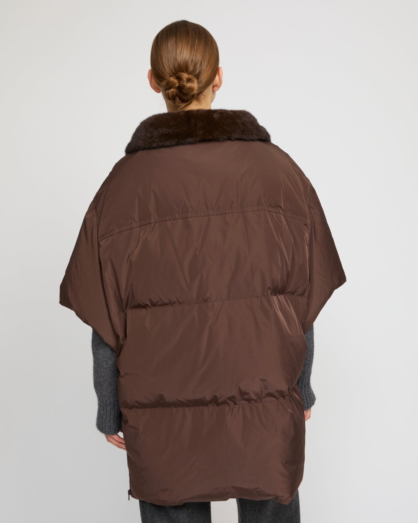 Technical fabric down cape with mink fur stand collar and lining. - Yves Salomon