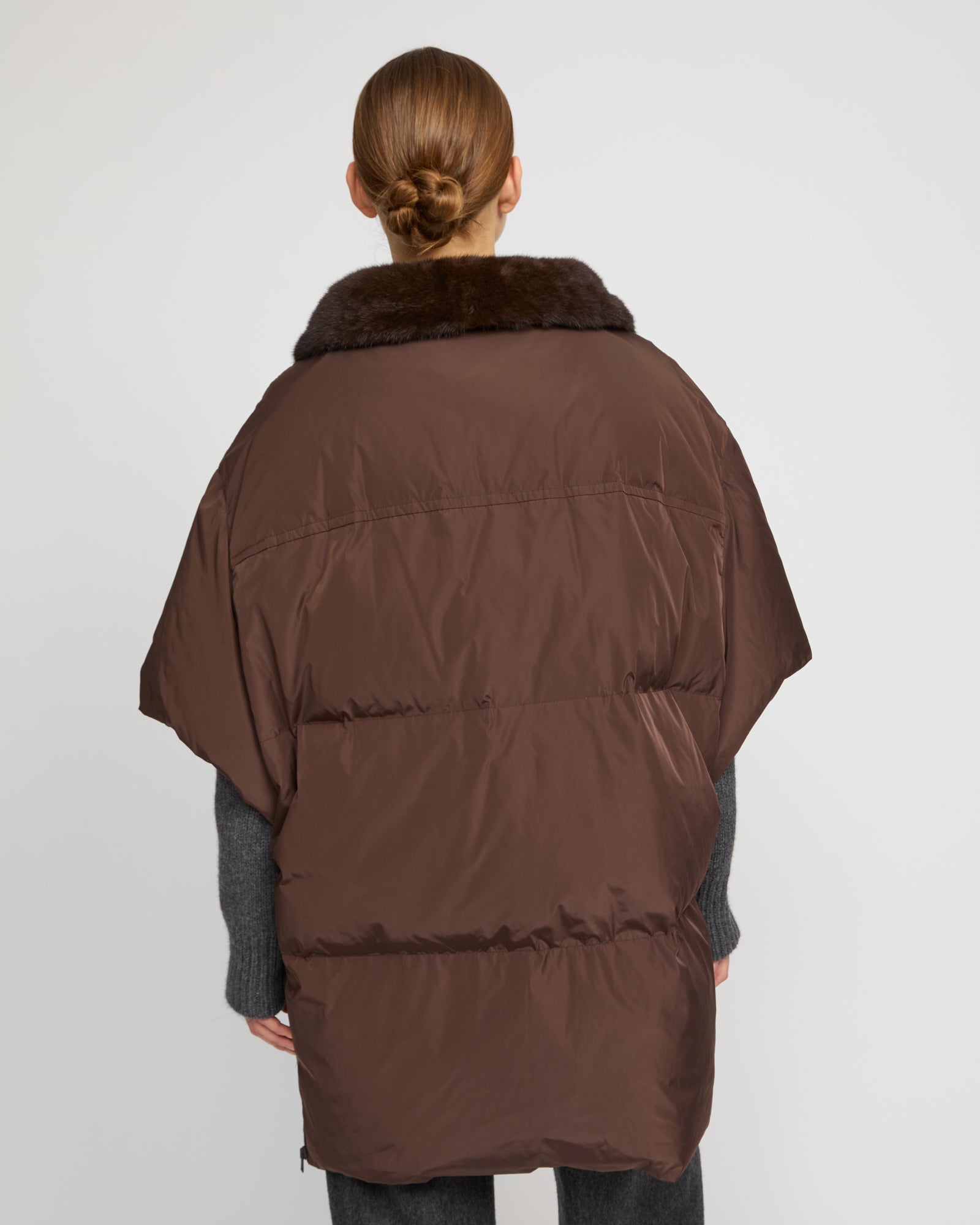 Technical fabric down cape with mink fur stand collar and lining. - Yves Salomon